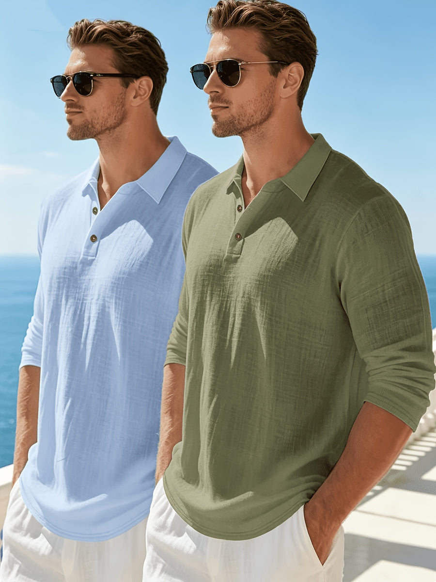 Men'S Textured Collar Button Polo Shirt, Regular Breathable Casual Outdoor Sports Versatile Top, 2pcs Set - Sky Blue+green
