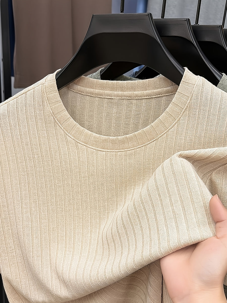 Men'S Round Neck Vertical Ribbed Knit T-Shirt, Summer Breathable Commuter Business Style, Casual Versatile Short Sleeve Top, Basic Round Neck Design, Neat Stitching, Contouring Neckline, Unrestrictive for Daily Activities - Khaki