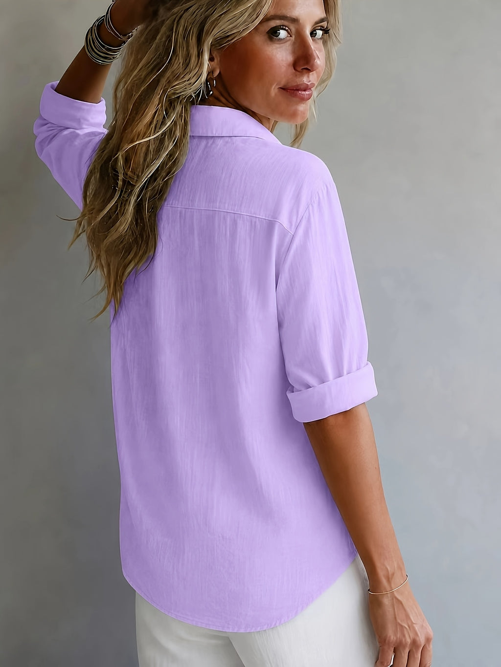 Multi-Color Available Taxi Direction New Stunning Elegant Style Solid Color POIO Collar Long Sleeve Spring Autumn All-Season Versatile Shirt - Light Purple
