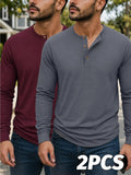 Men's Casual Long-Sleeve Henley T-Shirt 2pcs for Spring, Autumn, and Winter, Breathable and Comfortable Knitted Fabric, Versatile Base Layer, American-Style Casual Versatile Men's Top, Henley Collar + Vintage Buttons, Suitable for Commuting - Dark gray + jujube red