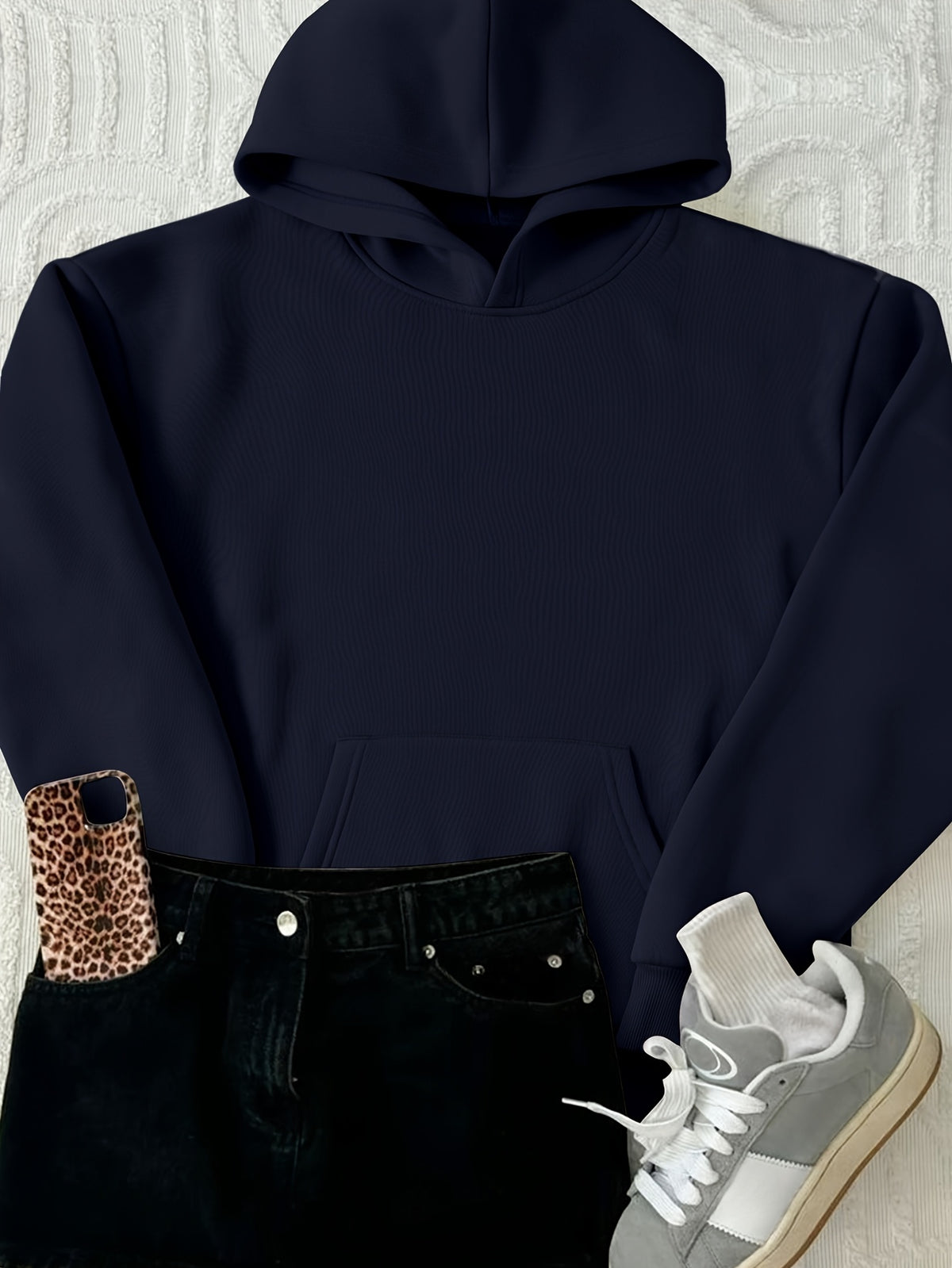 European and American Vintage Minimalist Artistic Style Top, Whale Shark Print Pattern Hooded 1pc Women's Sweatshirt, Loose Autumn/Winter Pullover Top, Relaxed Oversized Fit, Street Hip-Hop Style, with Kangaroo Pocket, No Drawstring - Navy Color