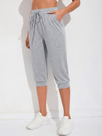 European and American Style High-Waist Cropped Sweatpants for Women, Summer Running Casual Jogger Pants with Pockets, Comfortable and Breathable Versatile Harem Pants for Home Wear - Light Grey