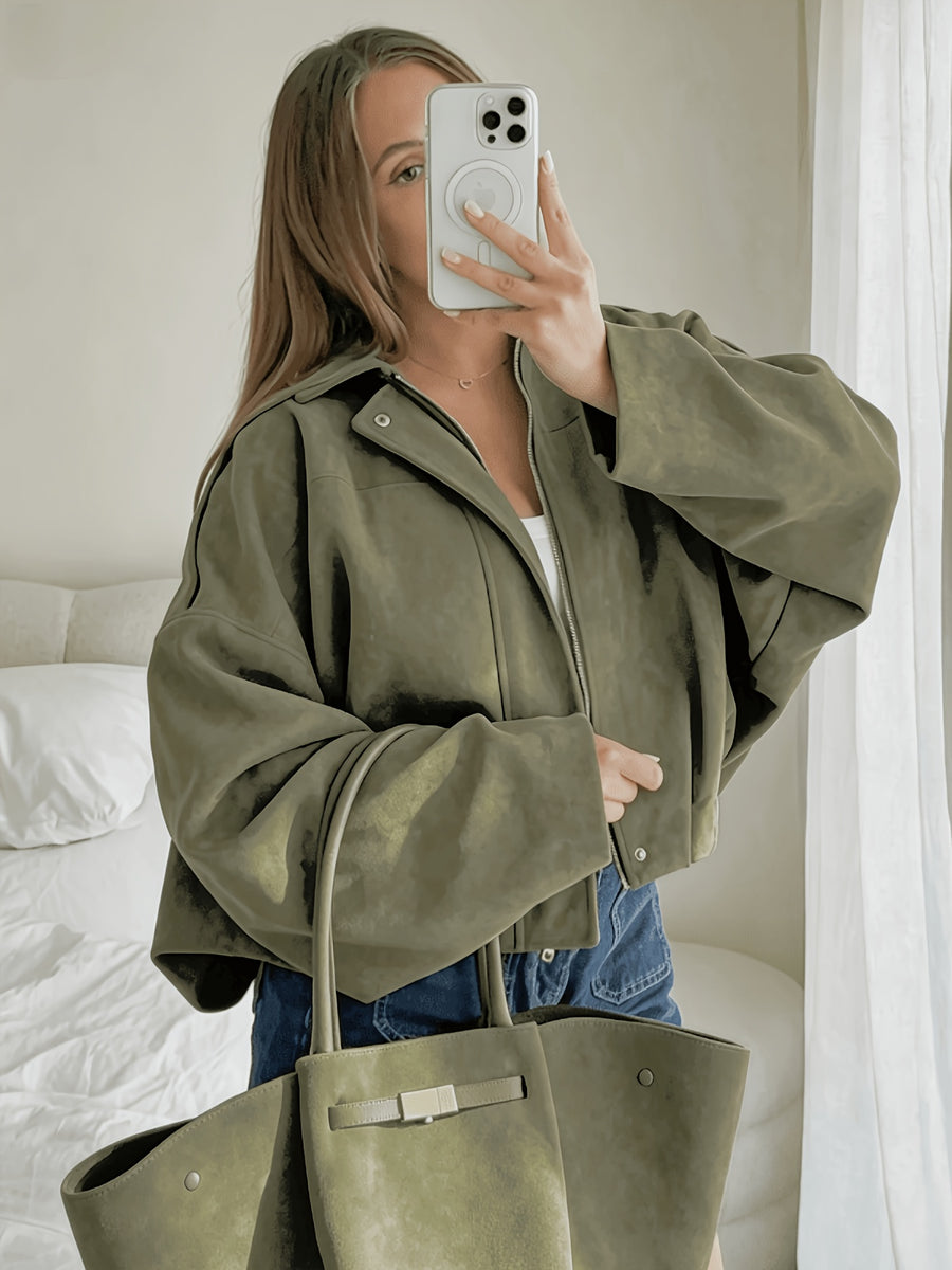 Women'S Casual Street Style Lapel Jacket, Retro Long Sleeve Zip Loose Coat - Olive Green