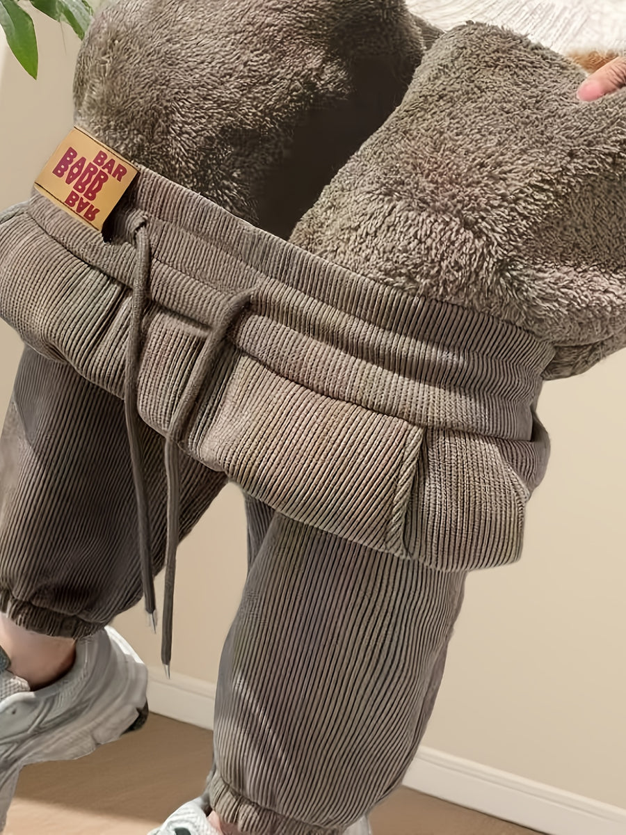 Leg Tied Harun Pants for Women, Autumn and Winter with Thick Velvet and Warm S Pants, Plus Sweatpants, Versatile Corduroy Casual Pants for Women - Khaki