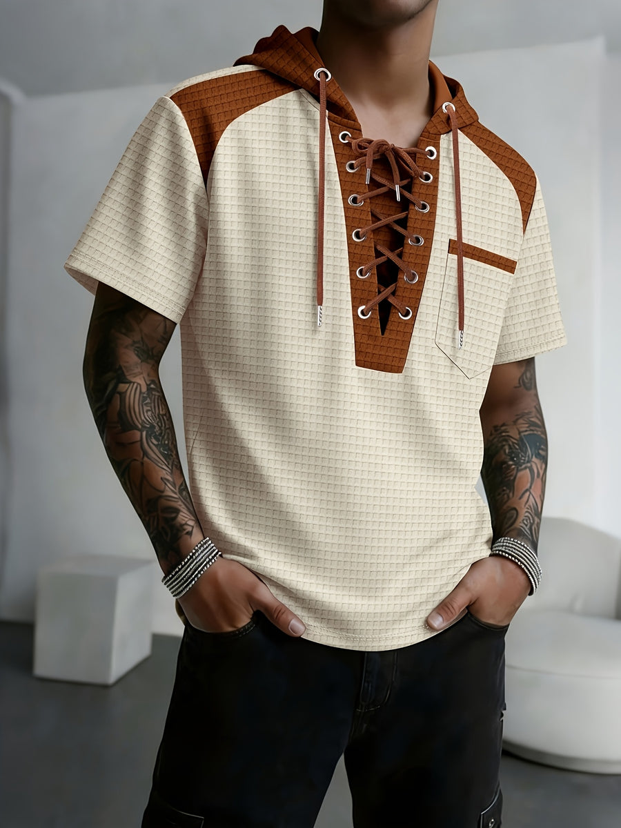 Men's Hoodie, Square Knit Sweater, Contrasting Trim, Short Sleeves, V-neck, Chest Pocket, Vintage Urban Style, for Daily Use - Khaki