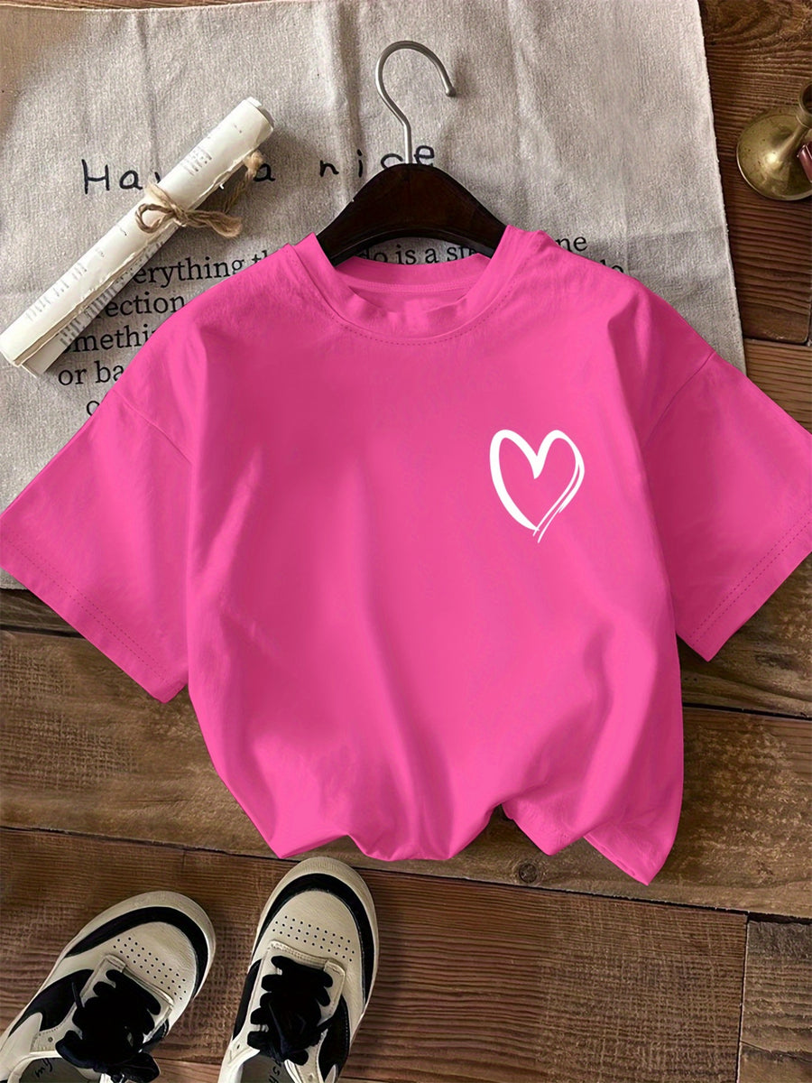 Pattern Print Short Sleeve, Casual Round Neck T-Shirt, Standard Size Women's - Rose Red