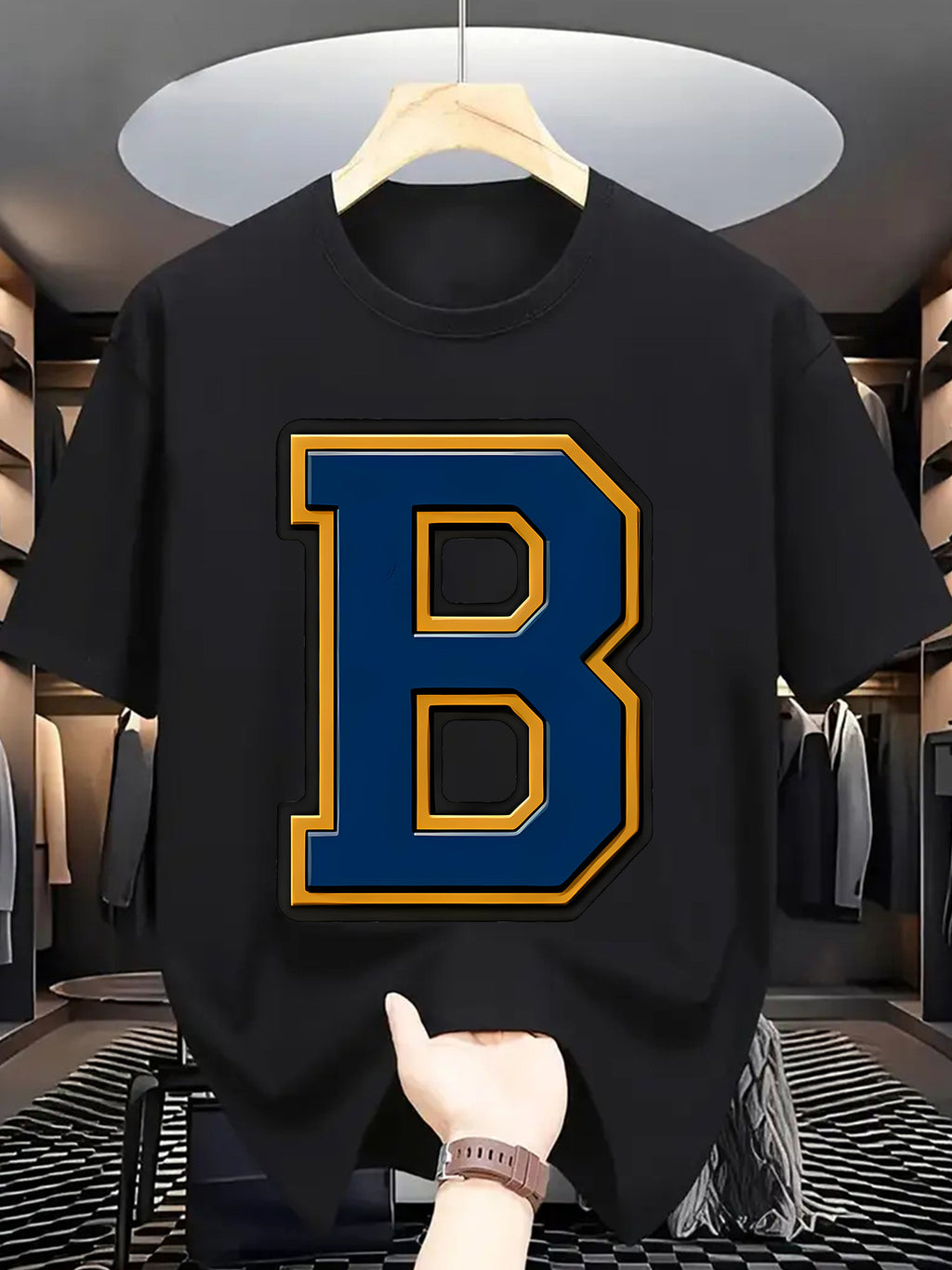 Men'S Summer Casual T-Shirt with Bold "B" Letter Print - Lightweight Polyester, Round Neck, Short Sleeve, Regular Fit, Perfect for Casual Attire, Everyday Tshirt | Trendy Casualwear | Durable Fabric - Black
