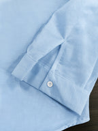 Men'S Autumn Winter New Solid Color Linen-Like Shirt, Roman Letter Print Pattern, Casual Commute Easy Versatile Stand Collar Button-Up Cardigan, Leisure Sports Street Trendy Fashion Business Outing Entertainment Party Old Money Style Outfit - Light Blue