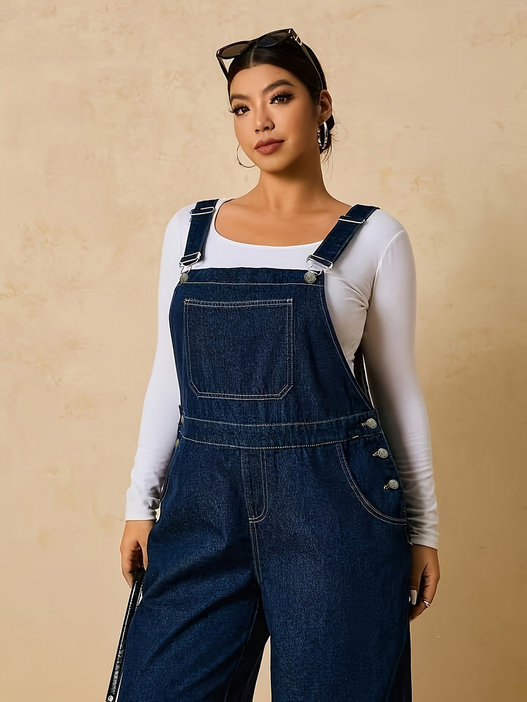 Plus Size Women'S Loose Casual Denim Jumpsuit, with Pockets - Blue