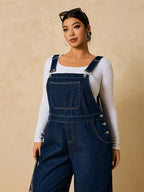 Plus Size Women'S Loose Casual Denim Jumpsuit, with Pockets - Blue
