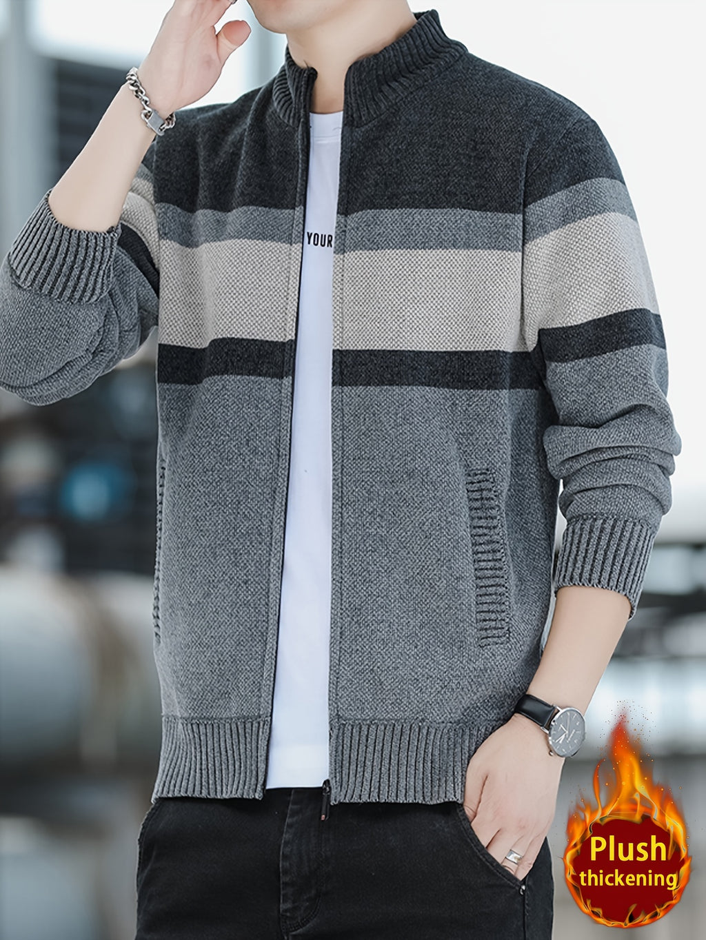 Men'S Autumn Winter Striped Contrasting Stand Up Collar, Thick Knit with Velvet, Zipper Jacket, Suitable for Autumn Winter Outdoor (Selected from Temujin) - Dark Gray