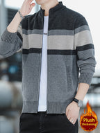 Men'S Autumn Winter Striped Contrasting Stand Up Collar, Thick Knit with Velvet, Zipper Jacket, Suitable for Autumn Winter Outdoor (Selected from Temujin) - Dark Gray