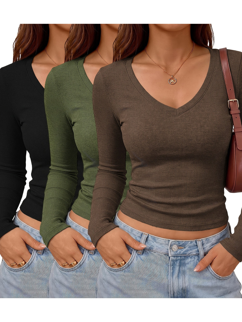 Women'S V-Neck Ribbed Fashion Top, Comfortable Casual Short Sleeve Bodycon Top - Coffee Brown+Olive Green+Black