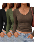 Women'S V-Neck Ribbed Fashion Top, Comfortable Casual Short Sleeve Bodycon Top - Coffee Brown+Olive Green+Black