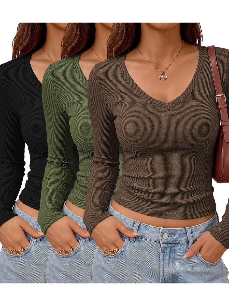 Women'S V-Neck Ribbed Fashion Top, Comfortable Casual Short Sleeve Bodycon Top - Coffee Brown+Olive Green+Black