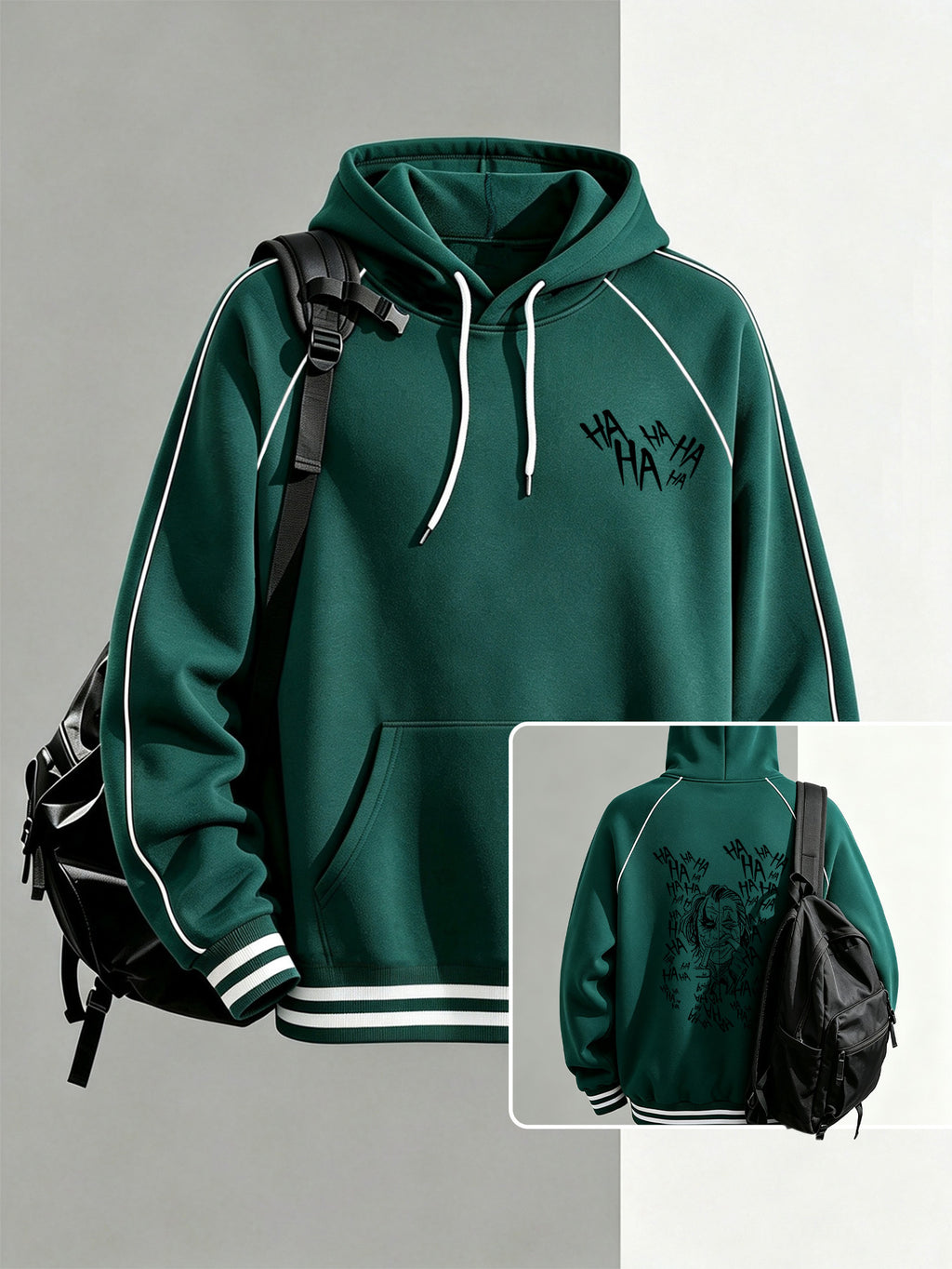 Joker Clown Print Front And Back Design, Men'S Fashion Hoodie with Drop Shoulder, Double White Stripes on Cuffs, Drawstring Kangaroo Pocket, Loose Retro Sports Sweatshirt, Outdoor Casual Wear, Unisex - Green
