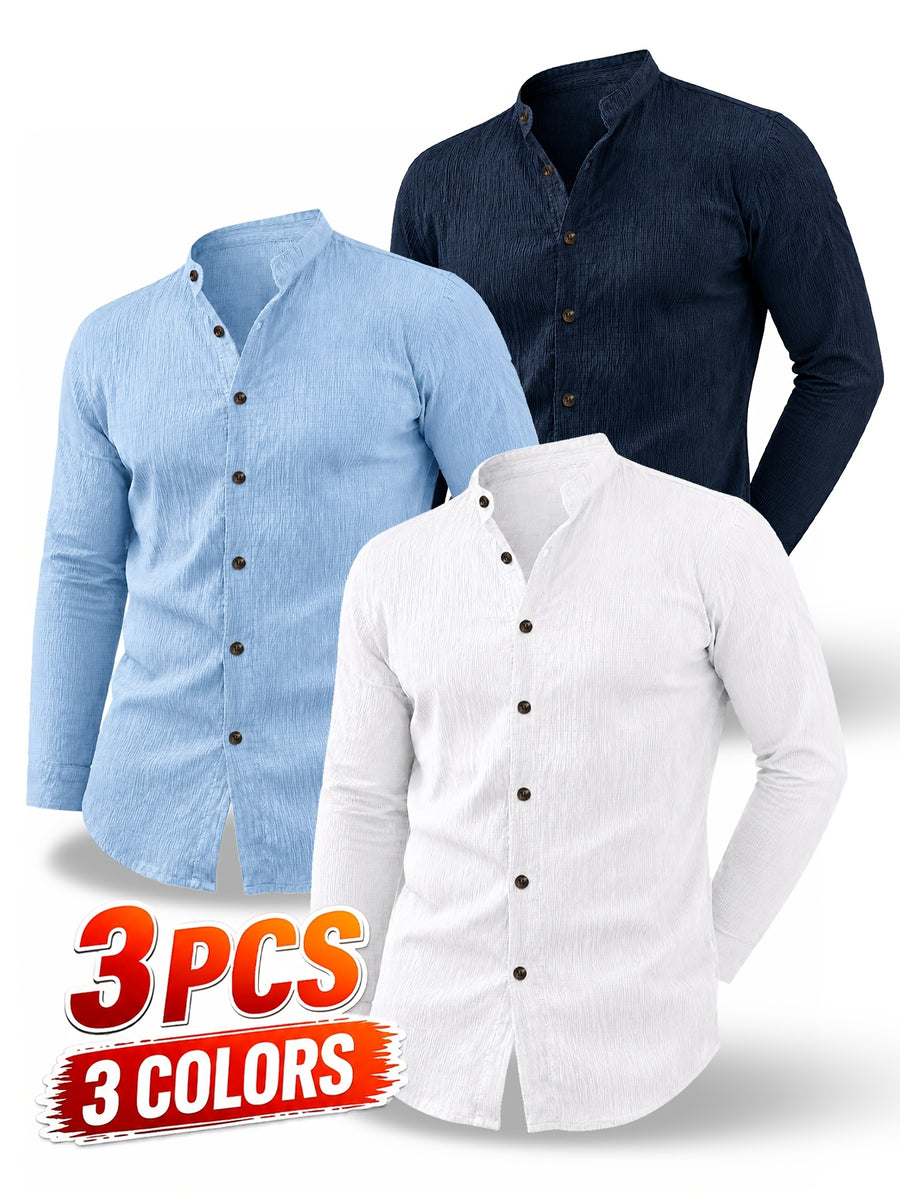 [Know And Give OBM] 3pcs Men'S Casual Long Sleeve Shirts - Lightweight Breathable Solid Color Stand Collar Summer Shirts, Adjustable Cuff with Double Buttons, Suitable for Beach Vacations, Pool Parties, And Outdoor Activities, Ideal Gift - White+Blue+Navy