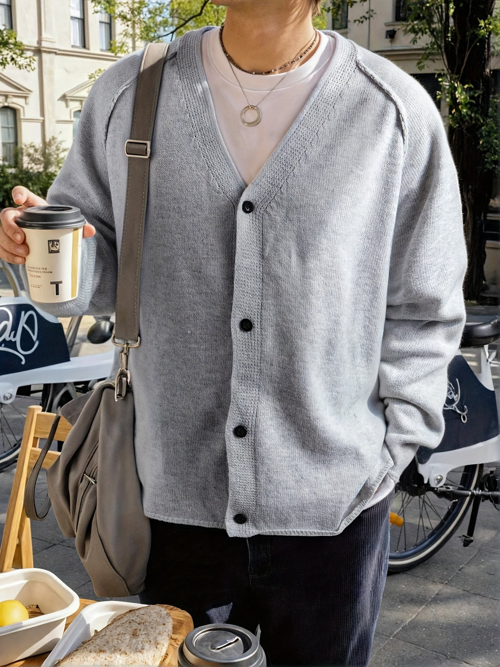New Men's Casual Loose V-Neck Sweater, Button-Up Simple Solid Color Hand-Knitted Unisex Long Sleeve Fabric Cardigan Jacket - Grey