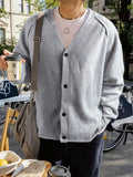 New Men's Casual Loose V-Neck Sweater, Button-Up Simple Solid Color Hand-Knitted Unisex Long Sleeve Fabric Cardigan Jacket - Grey