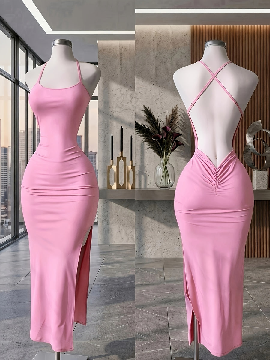 Y2K Women'S Elegant Versatile Solid Color Cami Backless Long Dress, Back Ruched Fitted Bodycon Dress, Suitable for Socialite Temperament Evening Parties - Pink