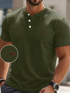 Men'S Summer Casual Short-Sleeve T-Shirt with a Easy Design, Breathable Round Neck, And Henley Button Front, Regular Fit Suitable for Outdoor Everyday Wear, Men'S Short-Sleeve Henley Shirt - Army Green
