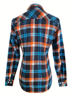 Women's Long Sleeve Shirt - Sexy Vintage Slim Fit Plaid, Suitable for Daily Wear, Women's Clothing, with Pockets, Button-Up - Vibrant Blue