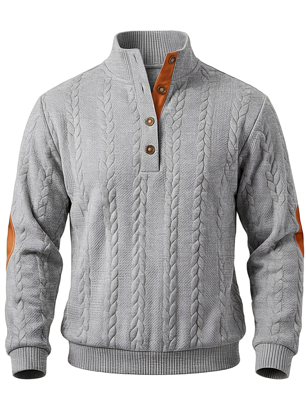 Men'S Casual Long Sleeve Knit Sweater, Textured Cable And Diamond Pattern, Stand Collar with Button Placket, Contrast Elbow Patch Details, Ribbed Cuffs And Hem, Ideal for Fall Winter Work, Travel, Golf And Daily Wear - Light Grey