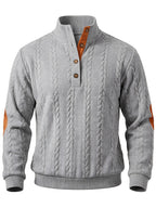 Men'S Casual Long Sleeve Knit Sweater, Textured Cable And Diamond Pattern, Stand Collar with Button Placket, Contrast Elbow Patch Details, Ribbed Cuffs And Hem, Ideal for Fall Winter Work, Travel, Golf And Daily Wear - Light Grey