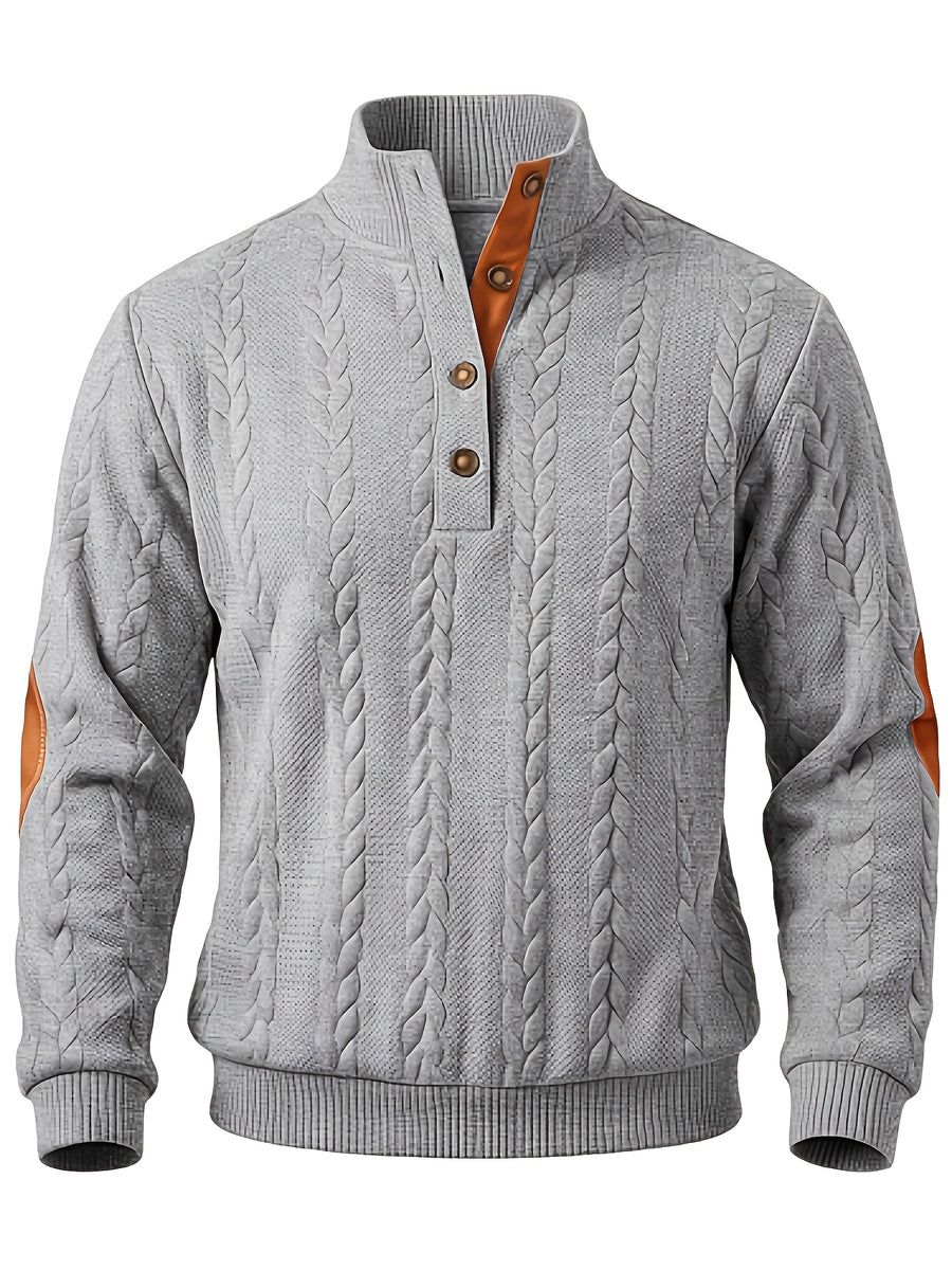 Men'S Casual Long Sleeve Knit Sweater, Textured Cable And Diamond Pattern, Stand Collar with Button Placket, Contrast Elbow Patch Details, Ribbed Cuffs And Hem, Ideal for Fall Winter Work, Travel, Golf And Daily Wear - Light Grey