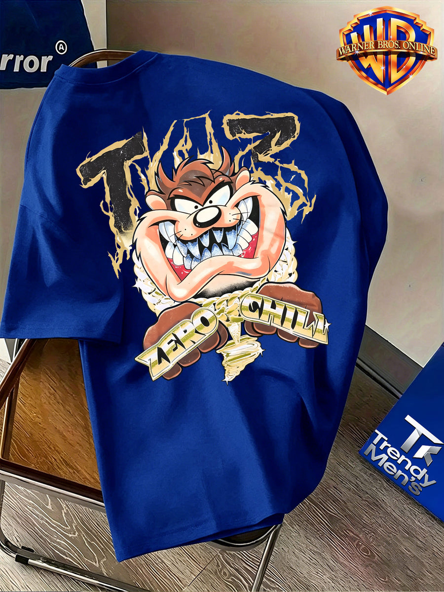 Warner Bros. Authentic Men's 100% Cotton Short-Sleeve T-Shirt with American-Style Illustrated Cartoon Print. Features a Dynamic Cartoon Beast Design with Golden-toned Accents for a Striking Visual Impact, Effortlessly Creating an Eye-catching Summer - Royal Blue