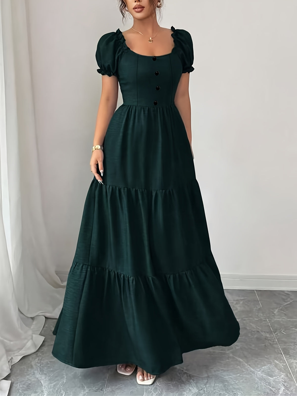 Women's Elegant -Line Bridesmaid Dress with Square Neck & Puff Sleeves - High-Waisted Cinched Waist Layered Ruffle Hem Dress Suitable for Weddings, Prom, Church, Daily Wear, Machine Washable Wedding Dress - Dark Green