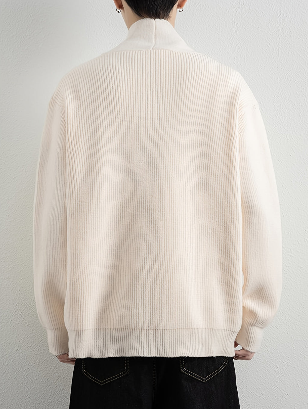 1pc Men'S Pit-Stripe Knit Cardigan, Irregular Diagonal Button V-Neck Design Loose Casual Fall Winter Off-Shoulder Fit Daily Commute Outerwear Sweater Jacket - White