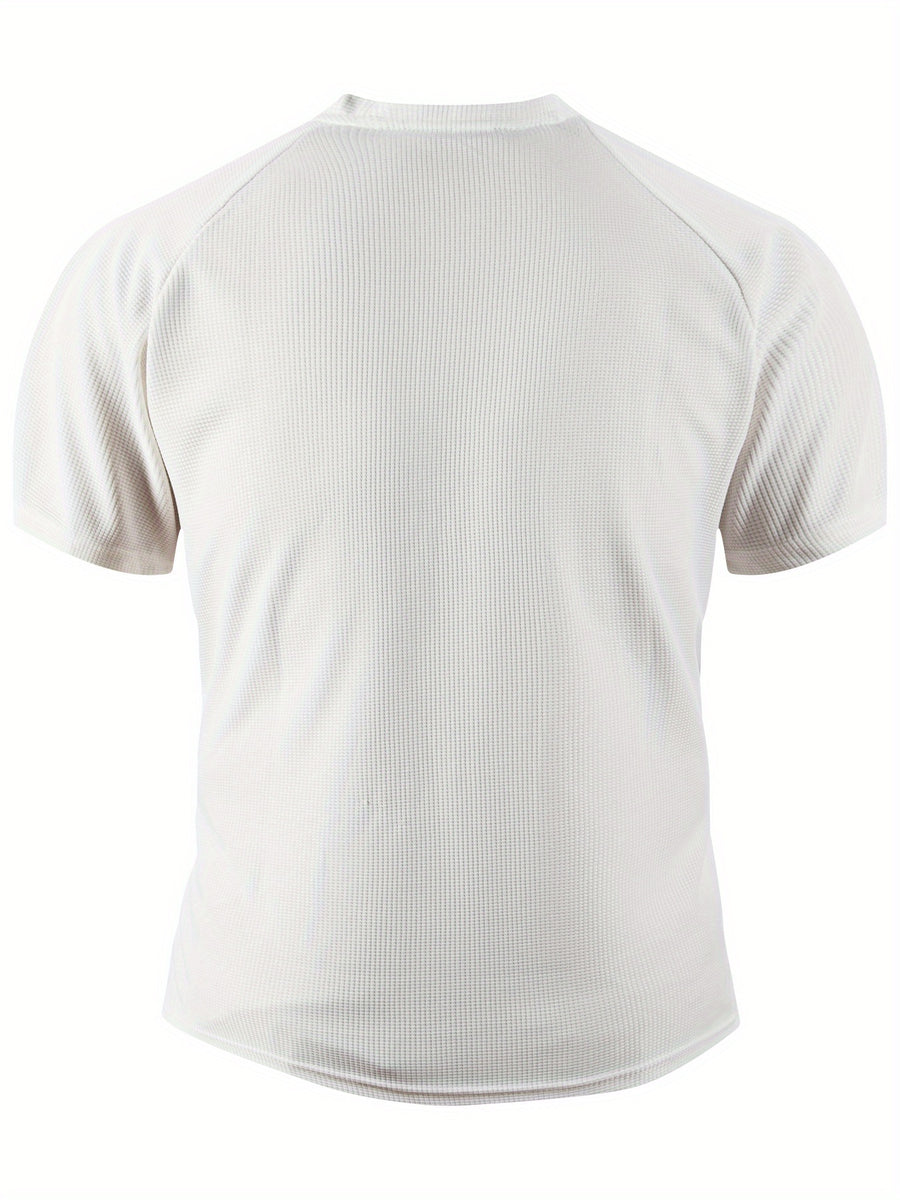 Breathable and Comfortable Men's Casual Short-sleeve Henley Waffle Knit Shirt with a Stand-up Collar - White