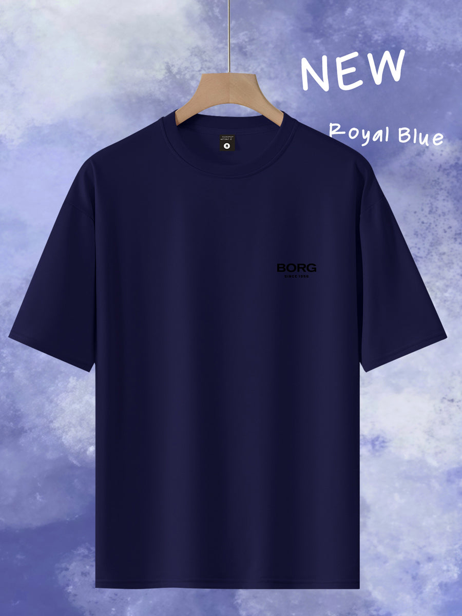 Men's Trendy Loose-Fit Crew Neck T-Shirt, Casual Daily Short-Sleeve Tee, BORG 1956 Vintage Letter Print, Simple and Versatile Top, Suitable as a Gift - Navy Color