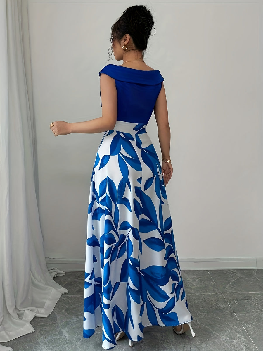 An Elegant V-Neck Floral Print A-Line Maxi Dress with Pockets - Featuring a Leaf Pattern, Short Sleeves, a Cinched Waist, And a Flowing Skirt, Perfect for Summer, Suitable for Both Casual And Formal Wear - Blue