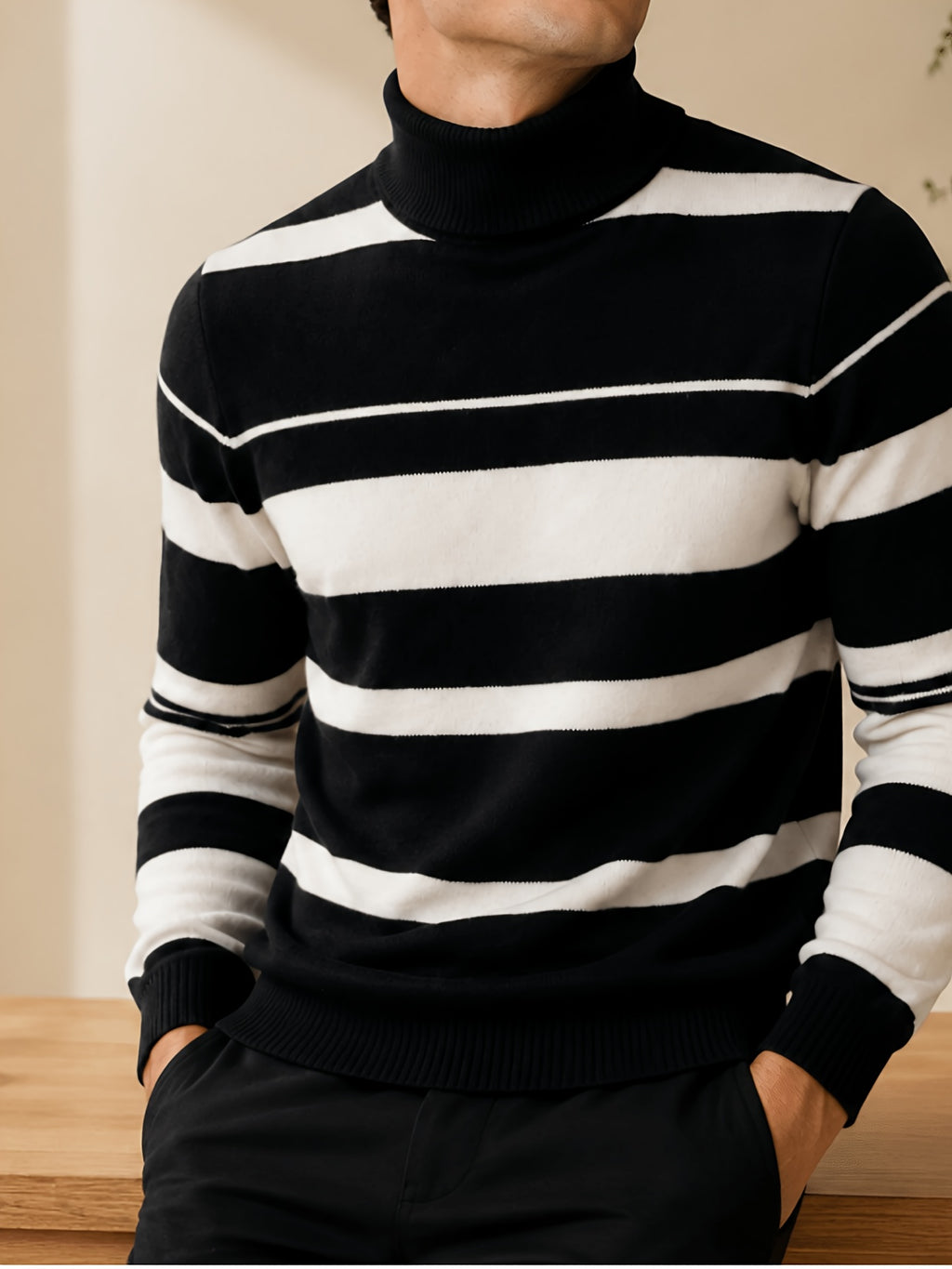 [Whale-Crossing Lan OBM] Spring/Autumn New Men'S Knit Pullover Sweater, Old Money Style Color-Block Long Sleeve High-Neck Knit Pullover for Men, Business Casual Fashion Ribbed Sweater, Suitable for Spring, Autumn, Winter Layering Or Inner Wear - Black