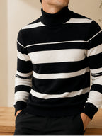 [Whale-Crossing Lan OBM] Spring/Autumn New Men'S Knit Pullover Sweater, Old Money Style Color-Block Long Sleeve High-Neck Knit Pullover for Men, Business Casual Fashion Ribbed Sweater, Suitable for Spring, Autumn, Winter Layering Or Inner Wear - Black