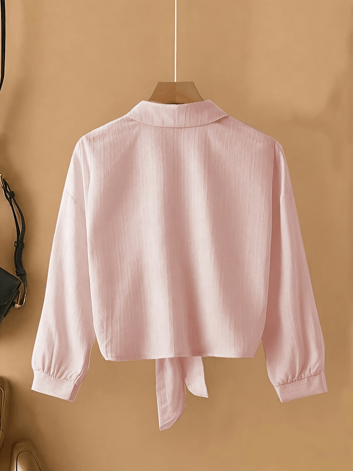 New Summer Style Casual Loose-Fit Long-Sleeve Lapel Shirt, Fashionable and Versatile with Tie Hem - Pink