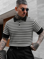 Men's Old Money Style Black & White Textured Stripe Polo Shirt - Breathable Knit Short Sleeve T-Shirt with Polo Collar, Loose Fit Suitable for Business Casual, Office,, Year-Round Wear - Black