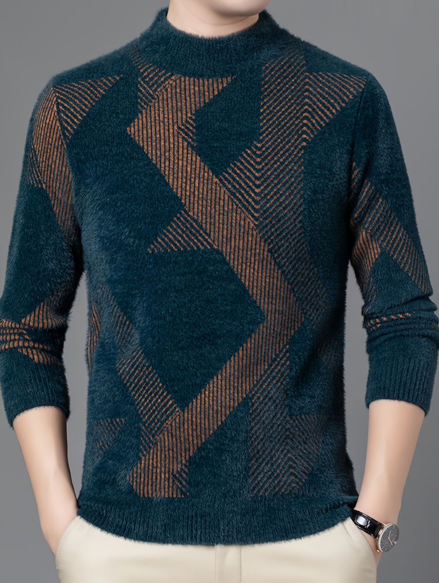 Autumn Winter Men'S Semi-High Neck Sweater, Geometric Diamond Thick Knitwear for Middle-Aged Casual Warm Base Layer - Dark Green