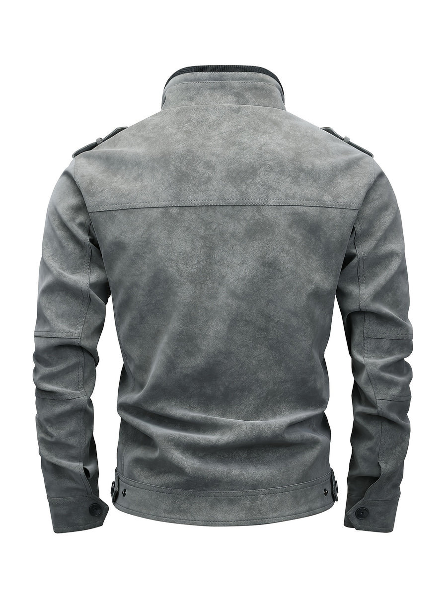 Spring Autumn Retro Distressed PU Jacket, Suitable for Biker, Outings, And Dates, Multi-Pocket Zipper Fashion Stand-Collar Versatile Coat - Grey