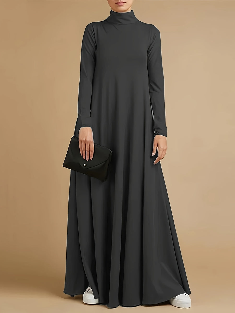 Women'S High Neck Long Sleeve Casual Loose Solid Color Long Dress - Grey