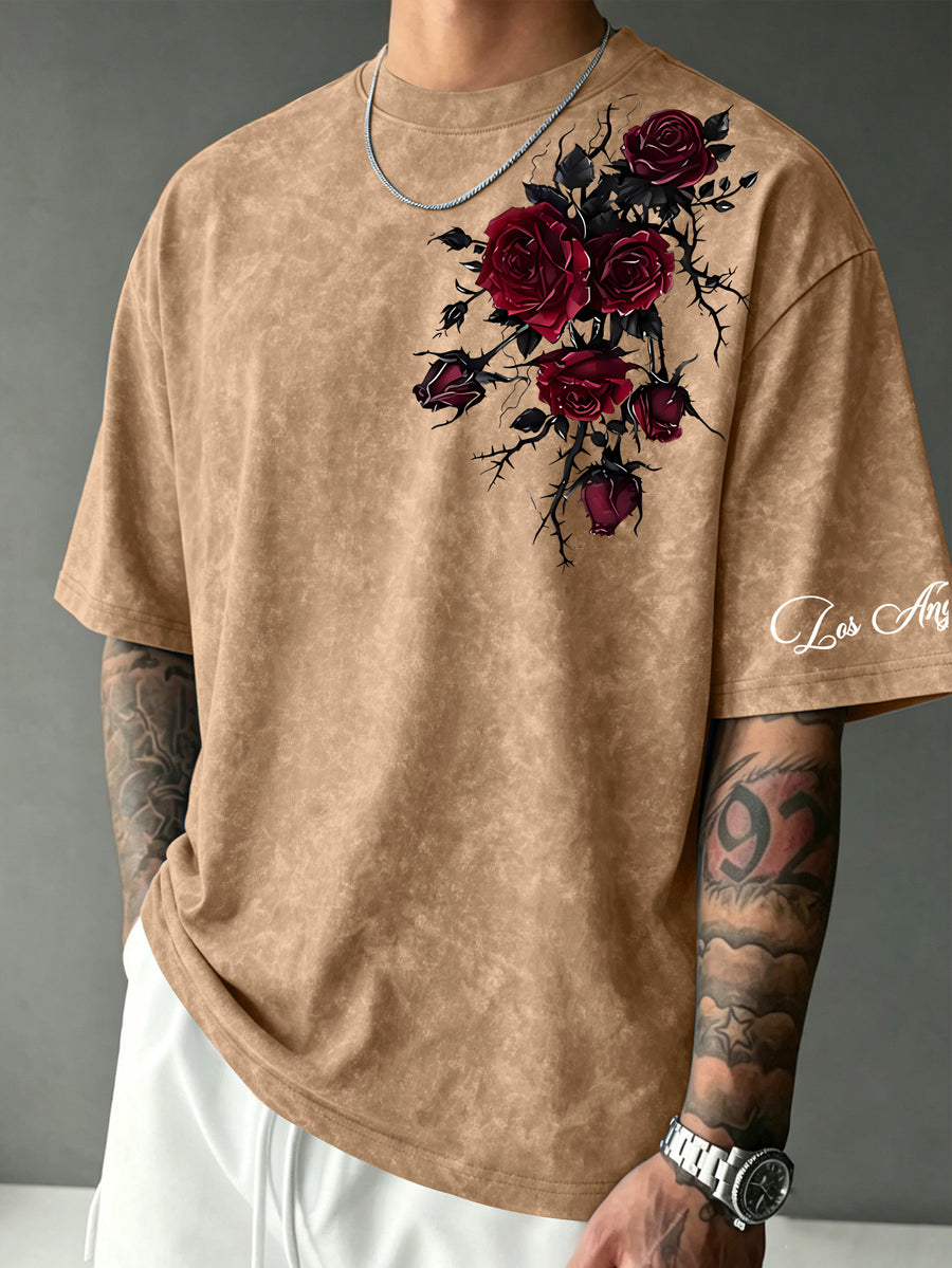 Men's Vintage Distressed Dark Red Thorn Rose Print T-Shirt - Streetwear Crew Neck Short Sleeve Top with Suitable for Casual Summer Wear, Machine Washable Regular Fit Gothic Rose for Layering & Everyday Outfits - Khaki