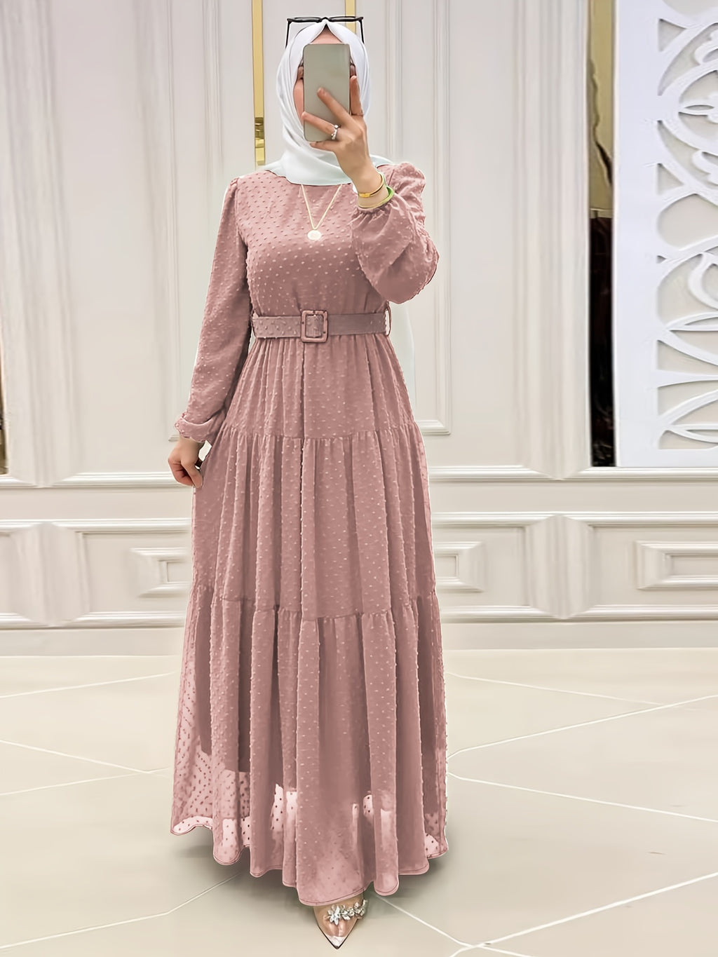 Women'S Middle Eastern Muslim Solid Color Temperament Long Robe Dress (Headscarf Not Included) - Lotus Pink