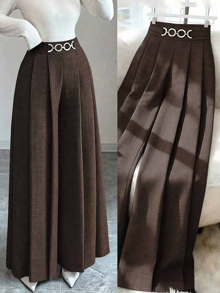 New Women'S High-Waist Metallic Button-Design Wide-Leg Pants, Elegant Casual Daily Wear - Coffee Color