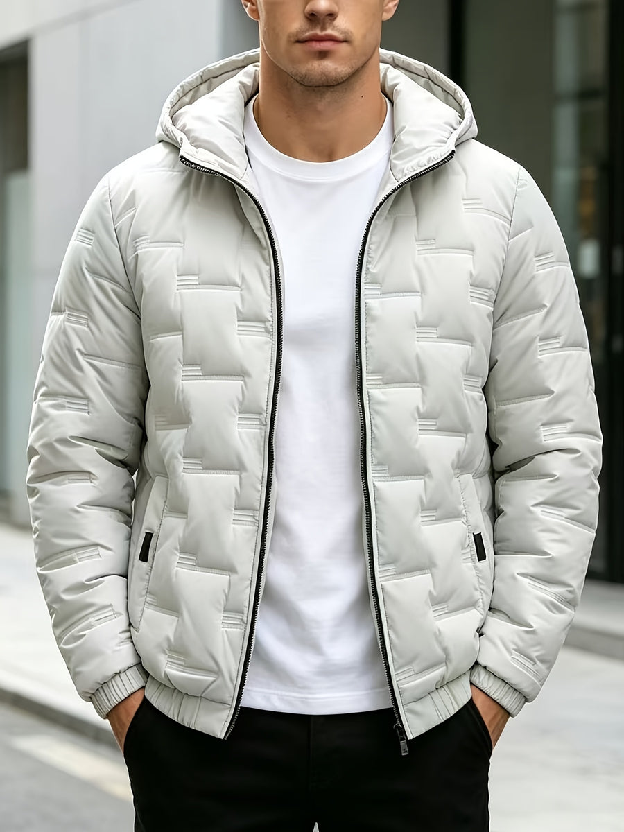 Men's Solid Color Hooded Jacket, Fashionable and Warm Winter Outerwear, Slim Fit Jacket, Simple and Trendy Design - White