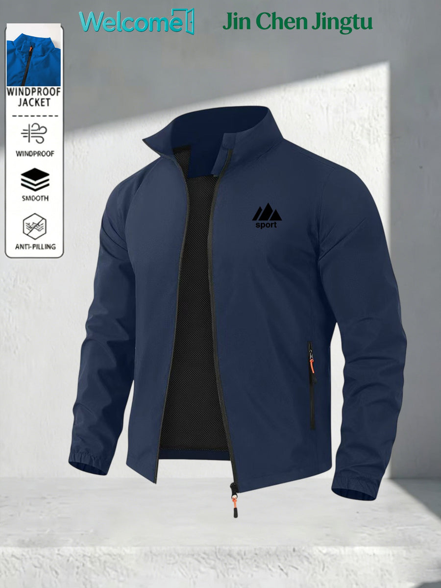 Men'S Triangle Mountain Sports Letter Print Stand-Up Collar Jacket, Anti-Pilling Smooth Lightweight Fabric, Casual Athletic Outerwear, Suitable for Daily Exercise And Commuting, Spring Fall Men'S Jacket - Navy Color