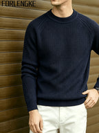 FORLENGKE Men's Business Casual Crew Neck Ribbed Knit Sweater, Soft Warm Long Sleeve Pullover for Fall Winter Office Daily Wear - Navy Color
