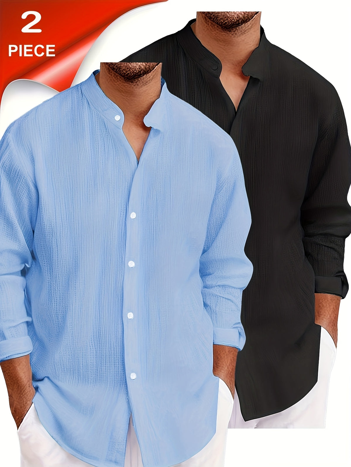 Pearson OBM 2pcs Men's Casual Fashion Simple Solid Color Textured Fabric Long-Sleeve Button-Up Shirt, Cool and Comfortable, Suitable for Daily Leisure and Outings, Essential for Spring and Autumn - Sky Blue + Black Combination