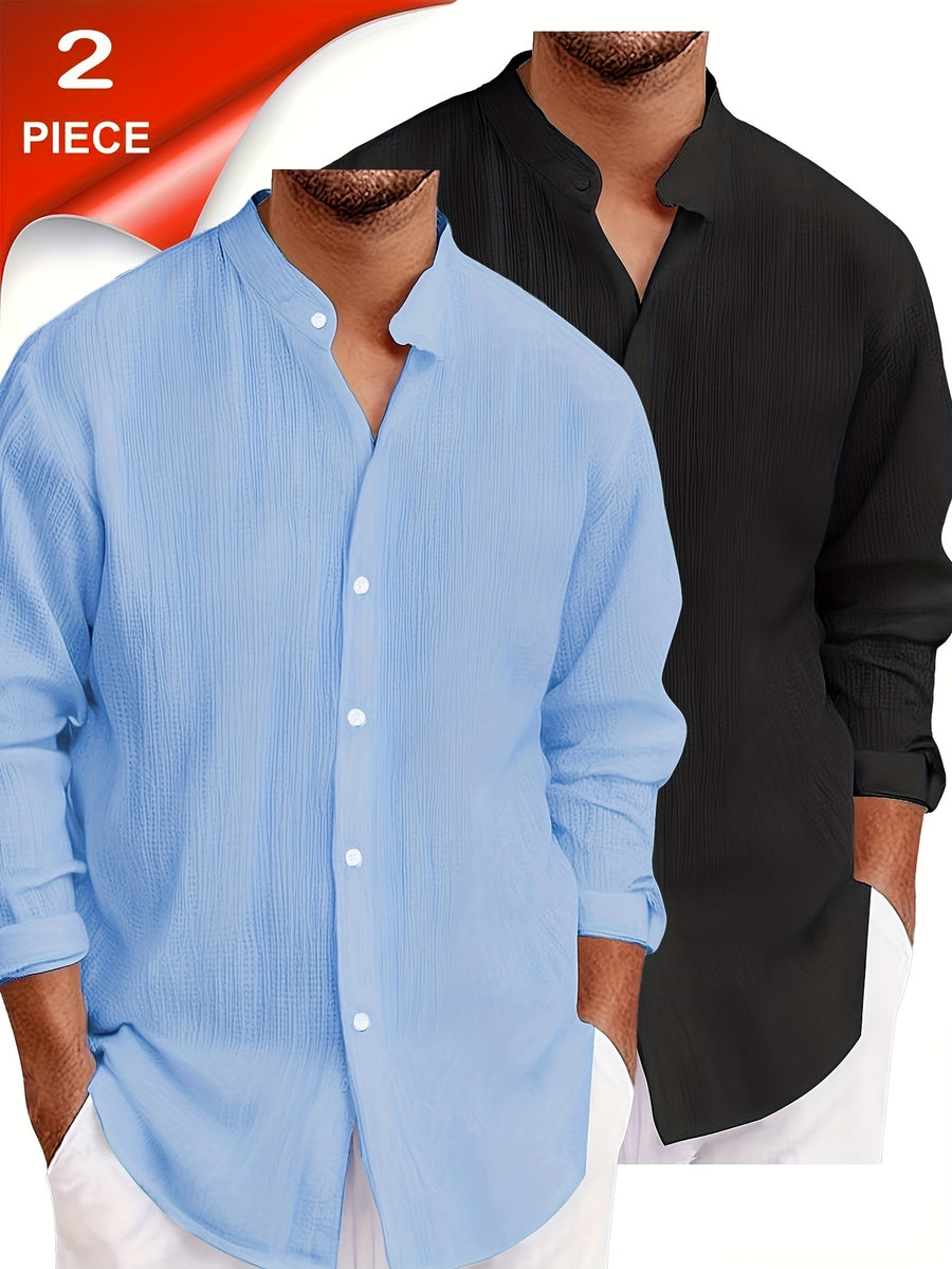 Pearson OBM 2pcs Men's Casual Fashion Simple Solid Color Textured Fabric Long-Sleeve Button-Up Shirt, Cool and Comfortable, Suitable for Daily Leisure and Outings, Essential for Spring and Autumn - Sky Blue + Black Combination